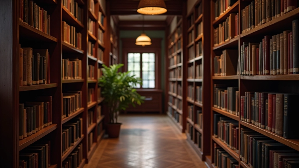 Biblioteca britânica com estantes de livros e ambiente clássico com iluminação natural