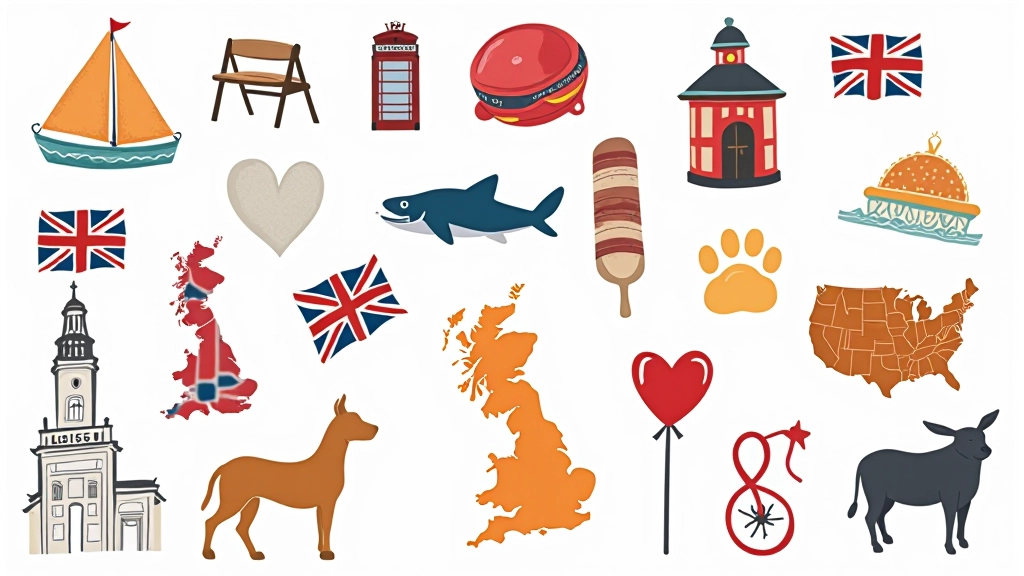 Collage de símbolos britânicos representando a cultura e linguagem do Reino Unido