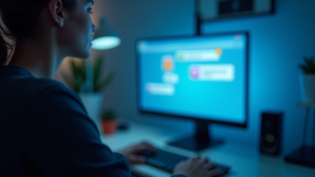 Tela de computador com conversa em chat aberta, ícones de redes sociais visíveis, luz azul suave da tela, mesa de trabalho moderna
