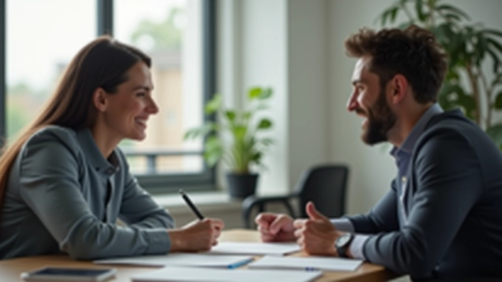 Dois profissionais em conversa casual num escritório moderno, sorrindo, luz natural de janela, ambiente corporativo descontraído