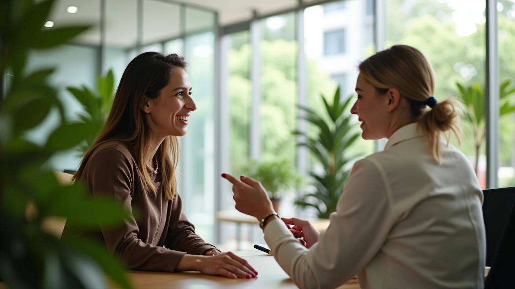 Duas pessoas conversando em um ambiente corporativo moderno com vidro e plantas verdes ao fundo