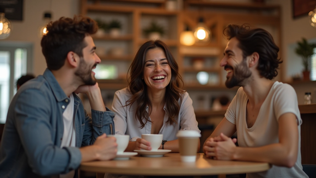 Pessoas em conversa casual, ambiente descontraído com amigos rindo