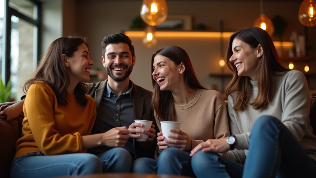 Grupo de jovens amigos conversando e rindo numa cafetaria descontraída com sofás confortáveis