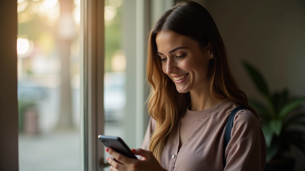 Jovem mulher usando smartphone em ambiente casual, digitando mensagem com expressão focada, luz natural de janela, fundo desfocado