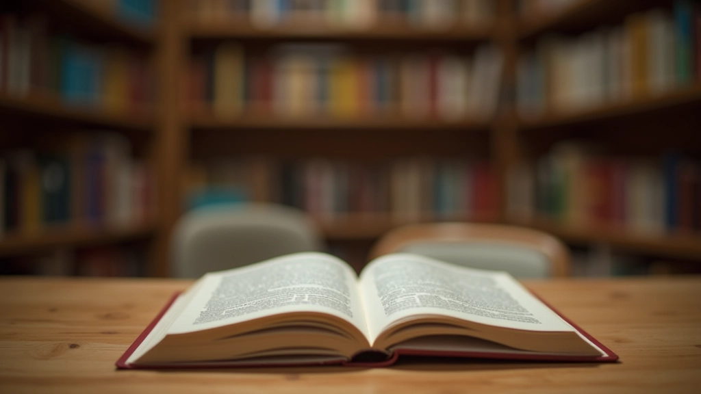Livro aberto com notas e caneta ao lado, biblioteca ao fundo com estantes desfocadas, luz natural quente, composição de estudo