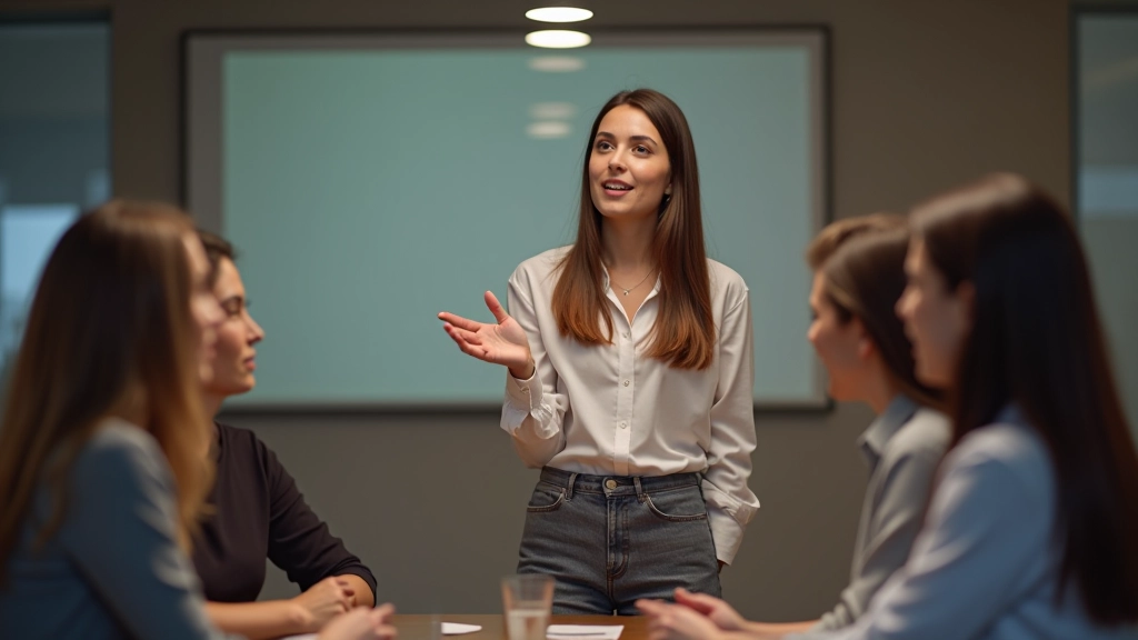 Mulher jovem em reunião profissional, apresentando ideias, ambiente corporativo, pessoas conversando ao fundo, luz artificial clara
