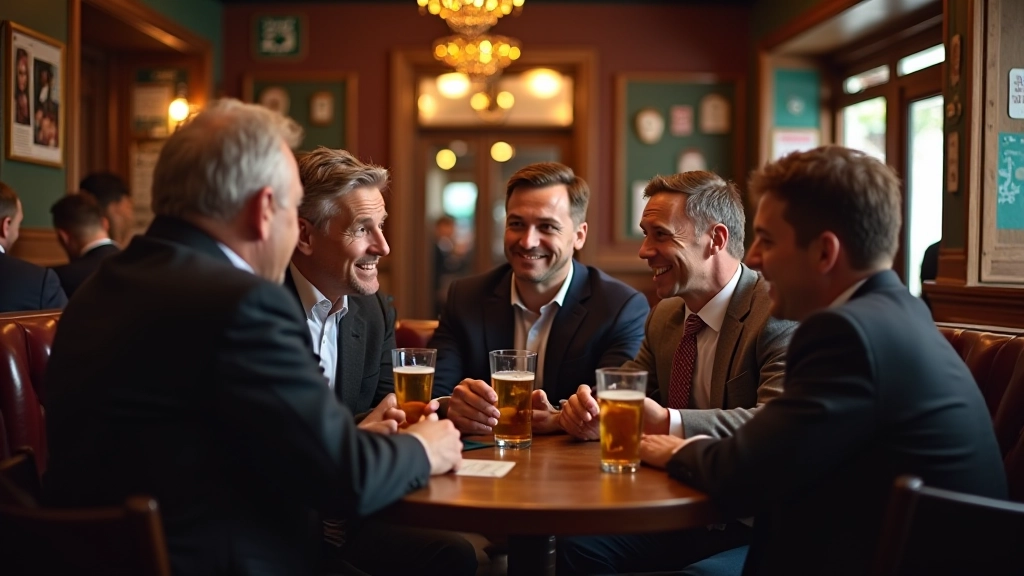 Pub britânico tradicional com clientes conversando ao redor do balcão em ambiente acolhedor
