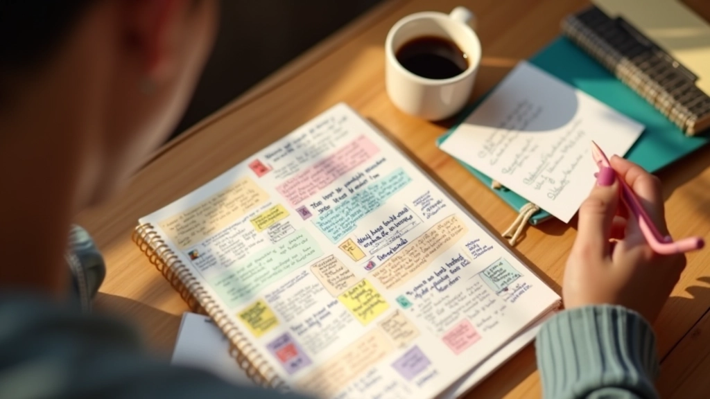 Pessoa estudando materiais de linguagem informal com notas coloridas e café