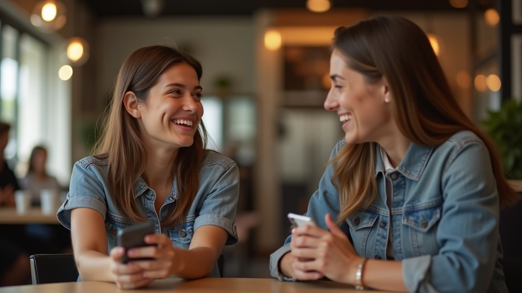 Grupo de jovens conversando em um café moderno, rindo e usando smartphones, ambiente descontraído