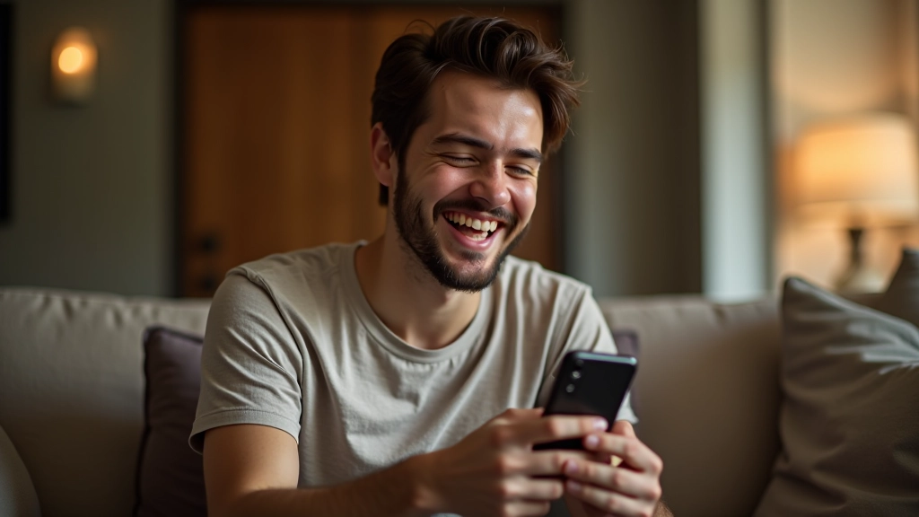 Jovem a rir enquanto olha para smartphone, sentado num sofá confortável, iluminação natural quente, fundo desfocado de sala de estar